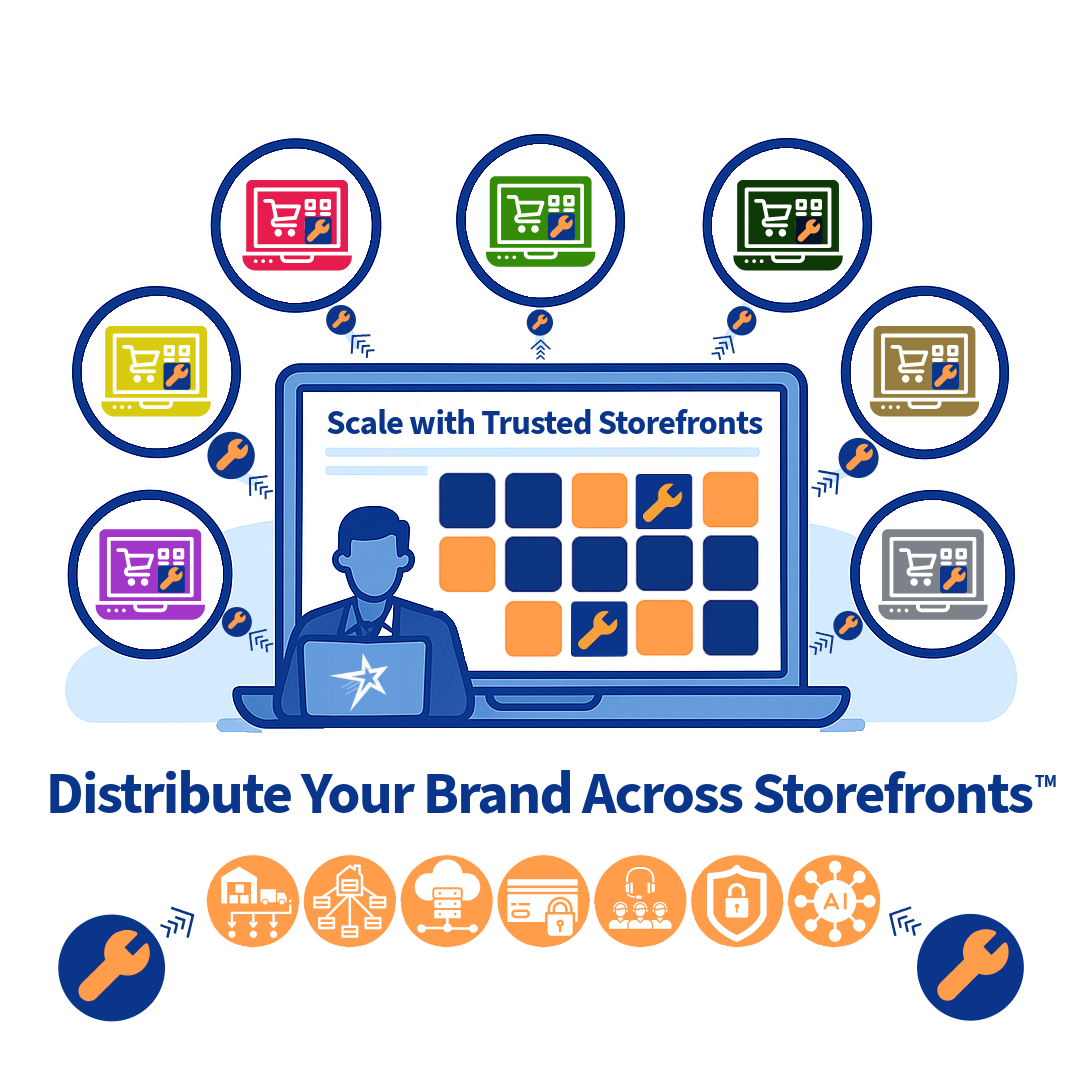 Illustration of a business using GoVets Enterprise to scale product distribution across multiple storefronts, highlighting brand control, trusted reseller channels, and integrated infrastructure.