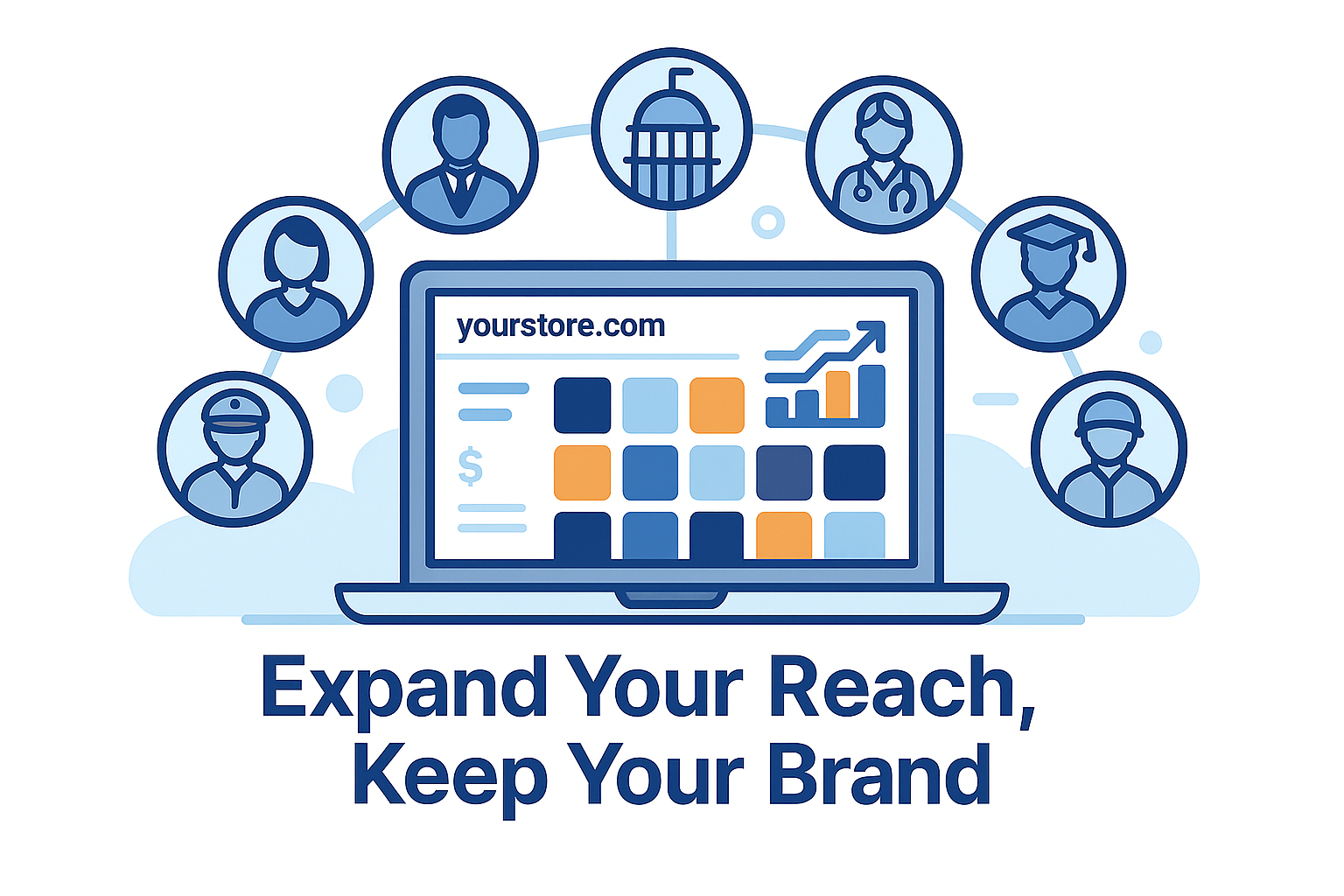Flat-style illustration of an online storefront expanding reach to public sector and private sector customers, including business, federal and local government, healthcare, education, and military buyers—highlighting GoVets Enterprise's full-service, multi-channel selling platform