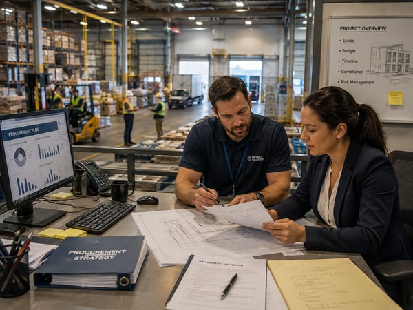 Prime contractors in a warehouse office