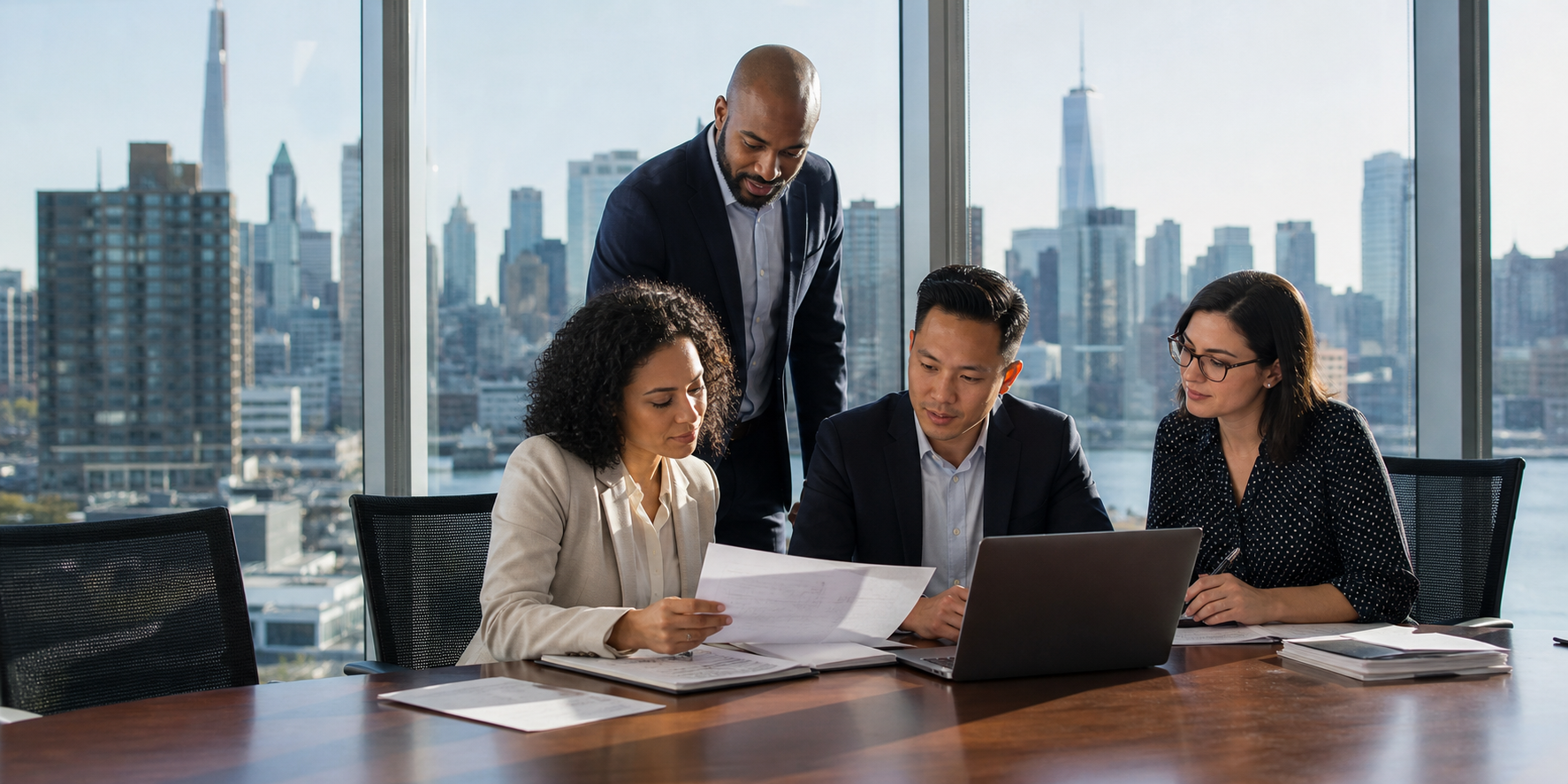 New York agency procurement team reviewing supplier documents at a conference table with the New York City skyline in the background