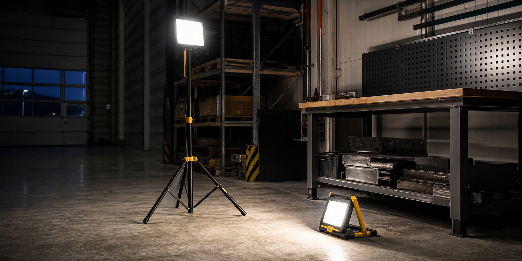 Tripod-mounted and portable LED work lights illuminating a warehouse maintenance work area with a workbench and shelving