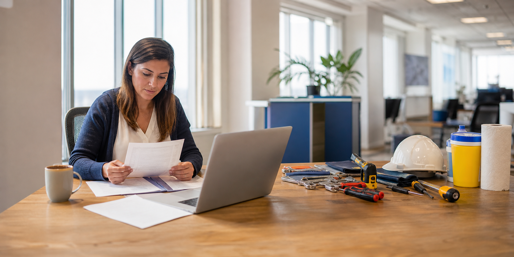 A federal buyer reviews purchase order and quote documents at a desk with a laptop in a bright government office