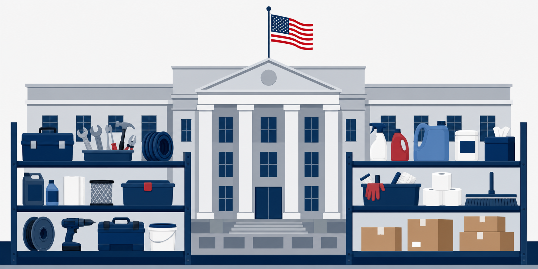 Flat vector banner illustration of a federal office building with an American flag and shelves of MRO supplies including maintenance tools and cleaning products
