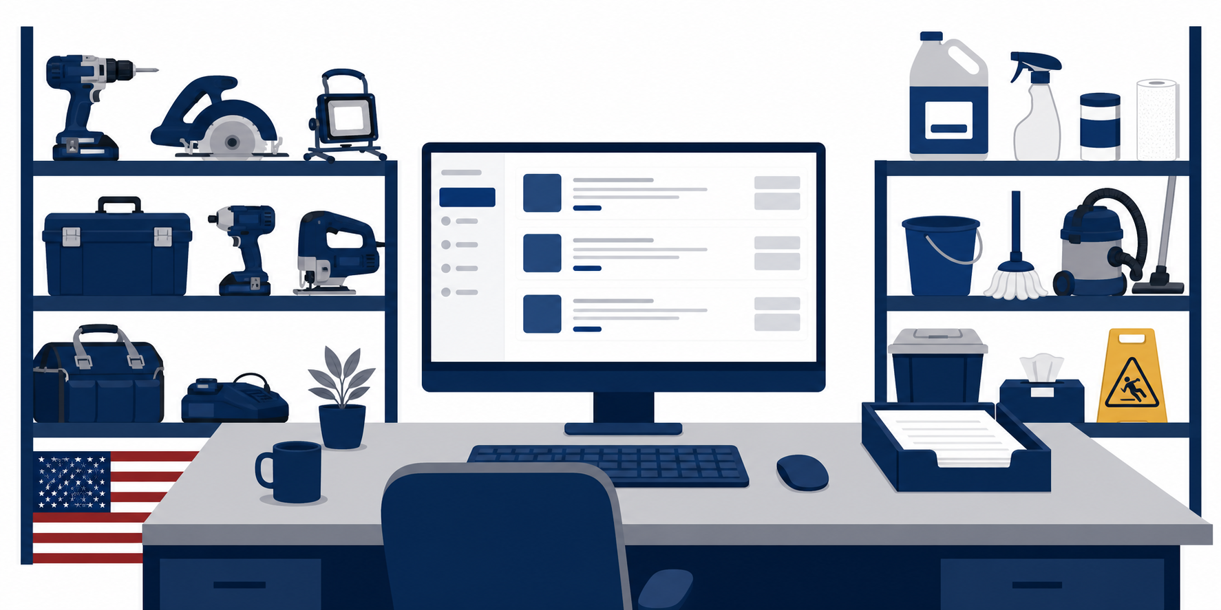 Flat illustration of a federal procurement office scene: a desk with a monitor showing GSA Schedule listings and shelves of American-made power tools and cleaning supplies, in navy blue and gray tones.