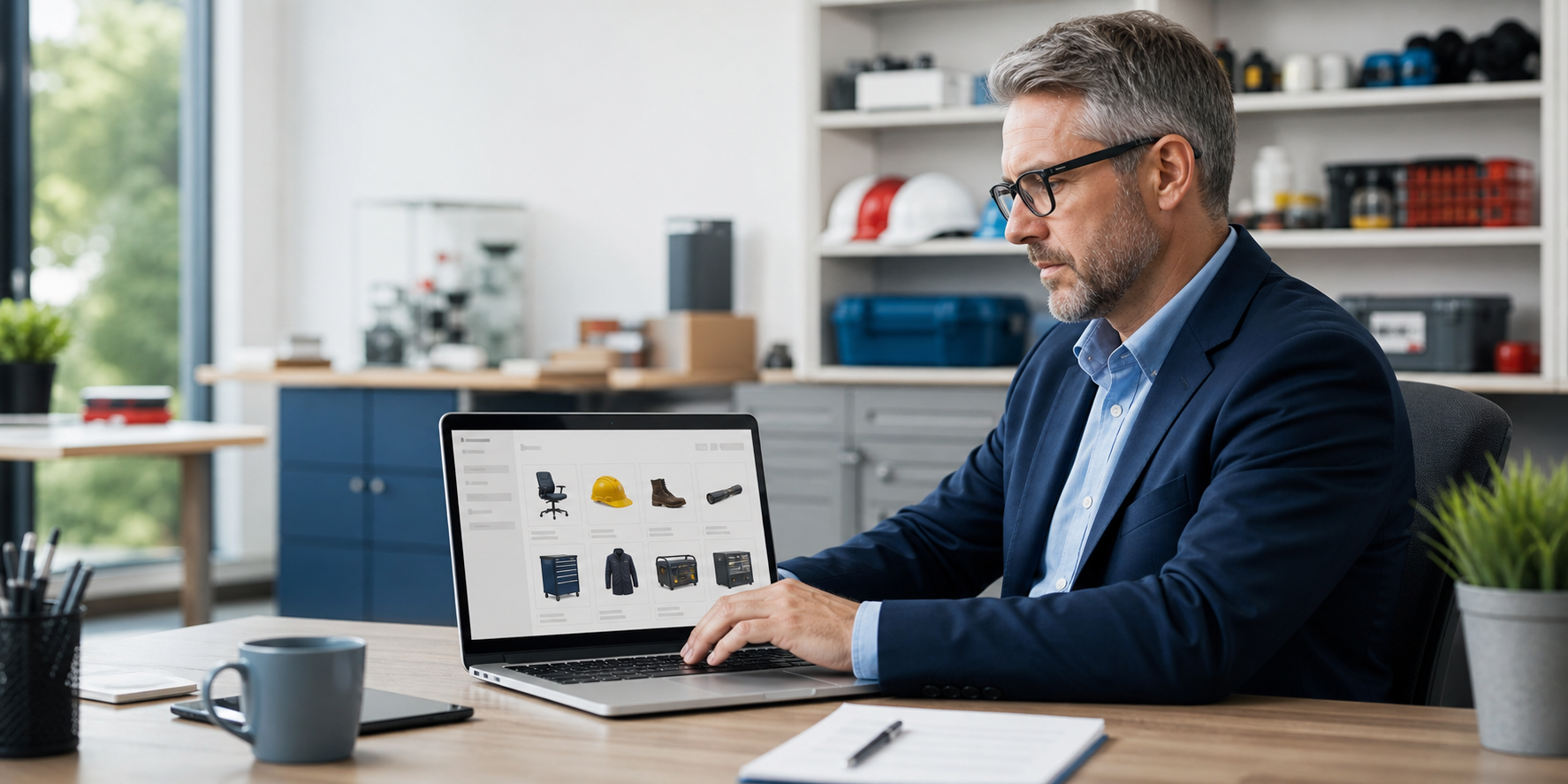 Federal procurement professional at a desk with a laptop browsing a product catalog, with tools and facility supplies in the background