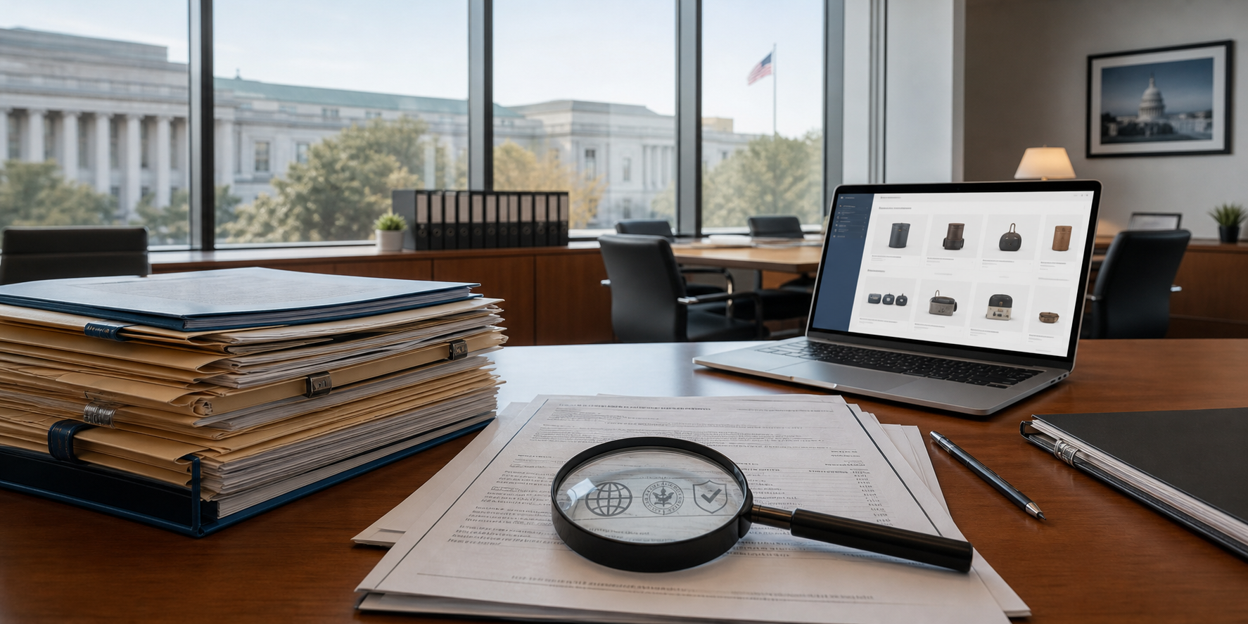 A professional federal government procurement office workspace with product compliance documentation, a laptop showing a product listing, and a magnifying glass highlighting country-of-origin markings and compliance certifications.