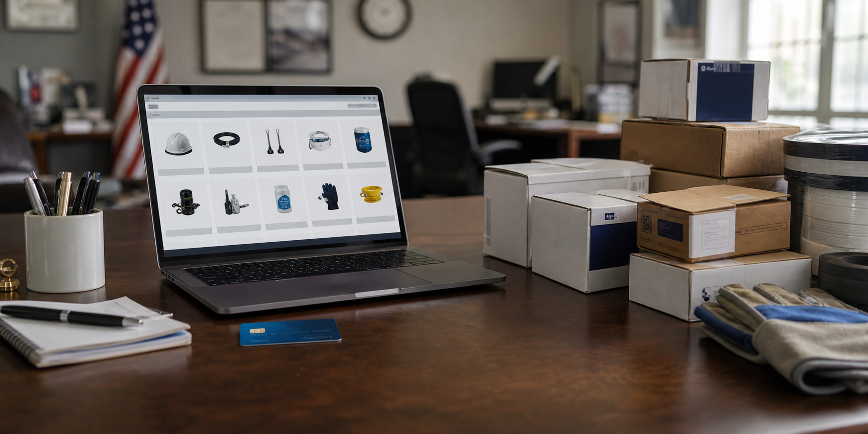 Federal office procurement workspace with a purchase card, laptop showing a product catalog, and boxes of MRO supplies