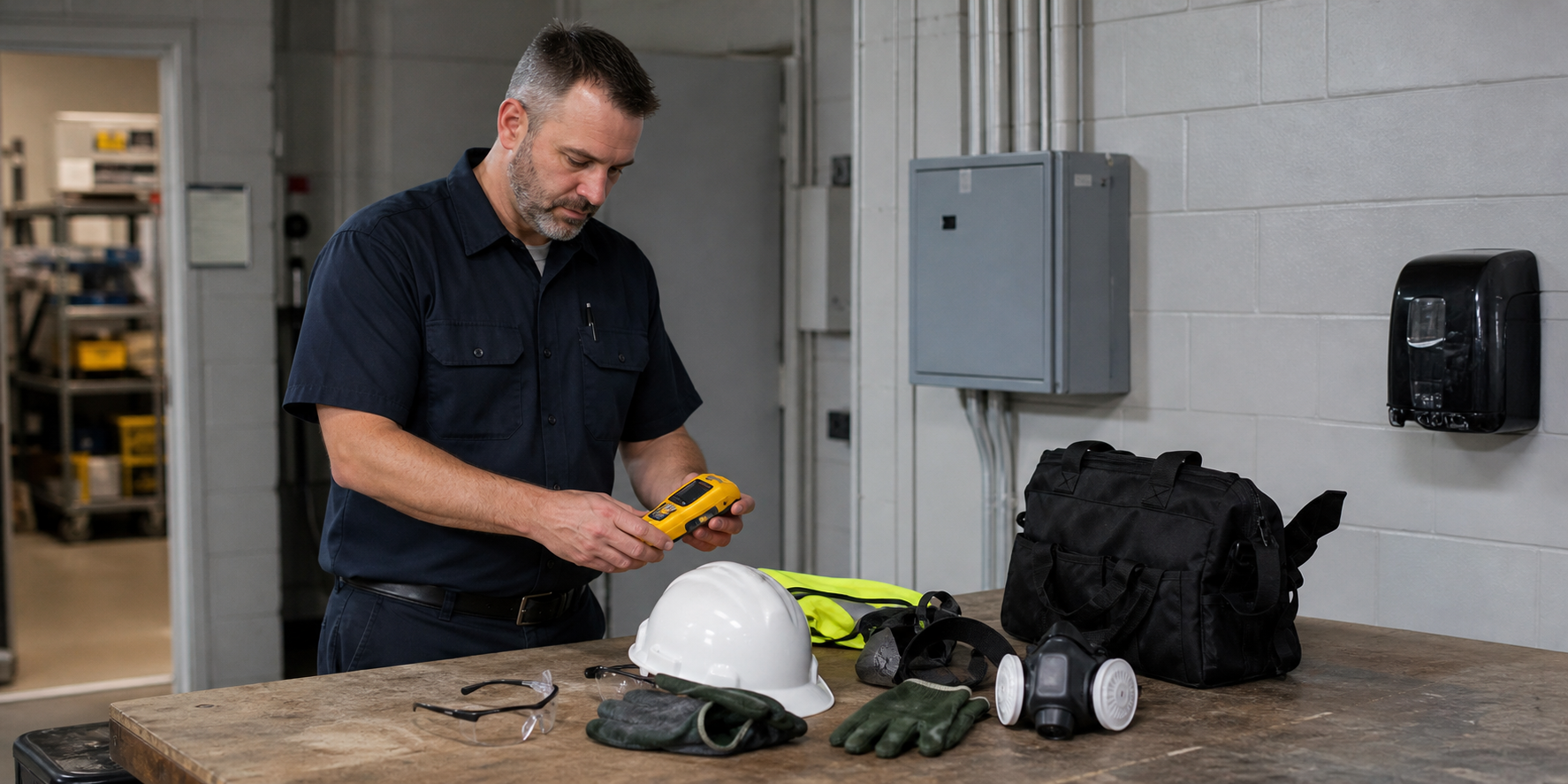 Federal facility safety officer inspecting personal protective equipment and a portable gas detection device on a work table