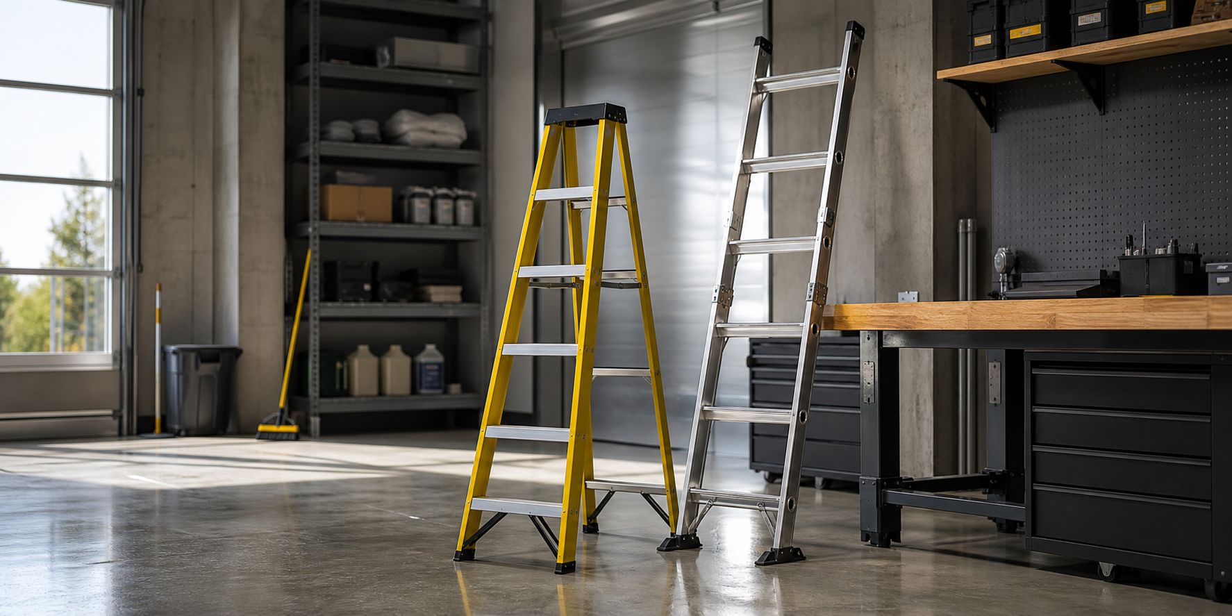 Yellow fiberglass step ladder and silver aluminum extension ladder standing side by side in a bright facility maintenance workshop with workbench and shelving