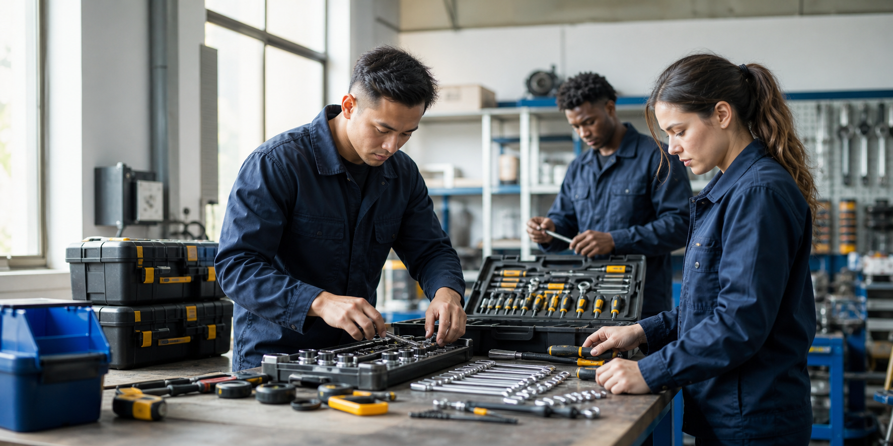 Maintenance crew members organizing hand tools and measuring tools in an open tool storage case on a workshop workbench