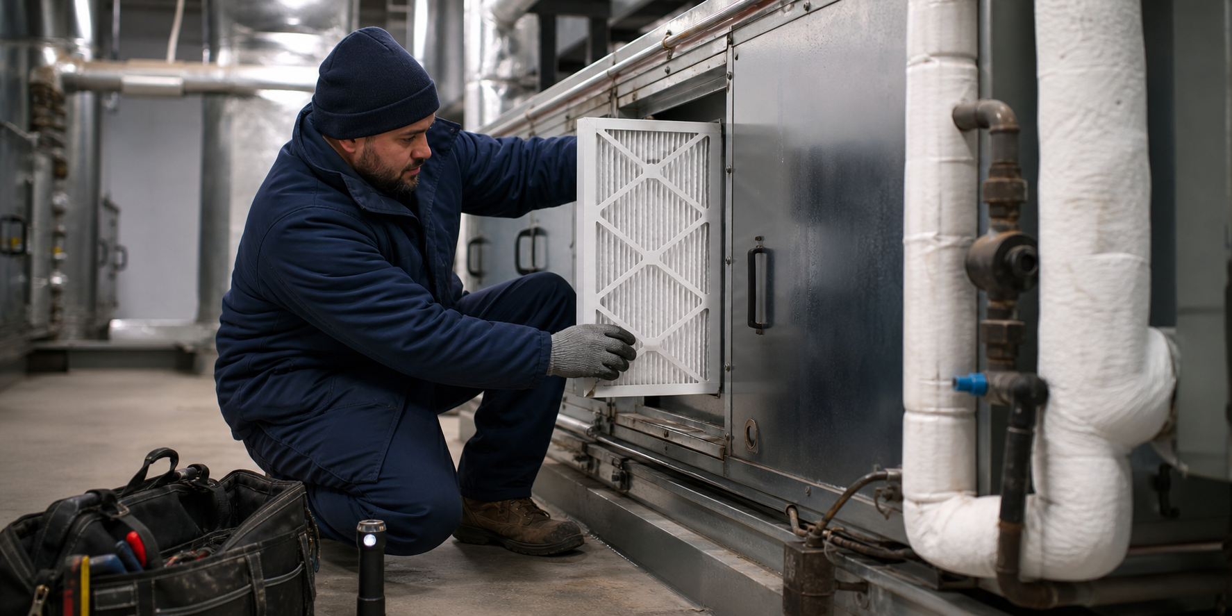 Maintenance worker replacing an HVAC air filter on an air-handling unit beside insulated pipes in a New York City municipal building mechanical room