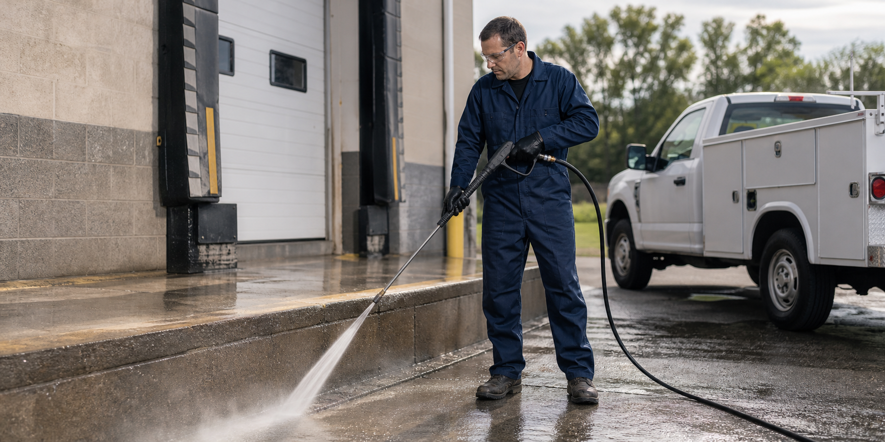 Facility maintenance worker pressure washing a concrete loading dock beside a parked fleet service truck