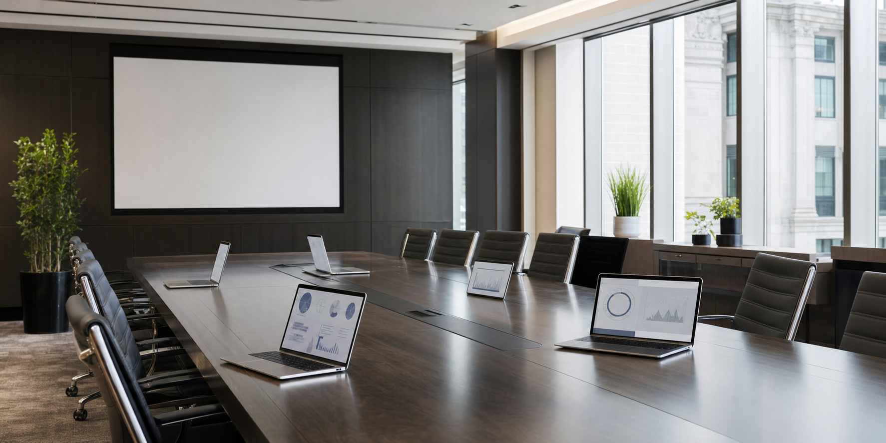 Modern federal government procurement office with a conference table, laptops showing abstract charts, and a blank presentation screen