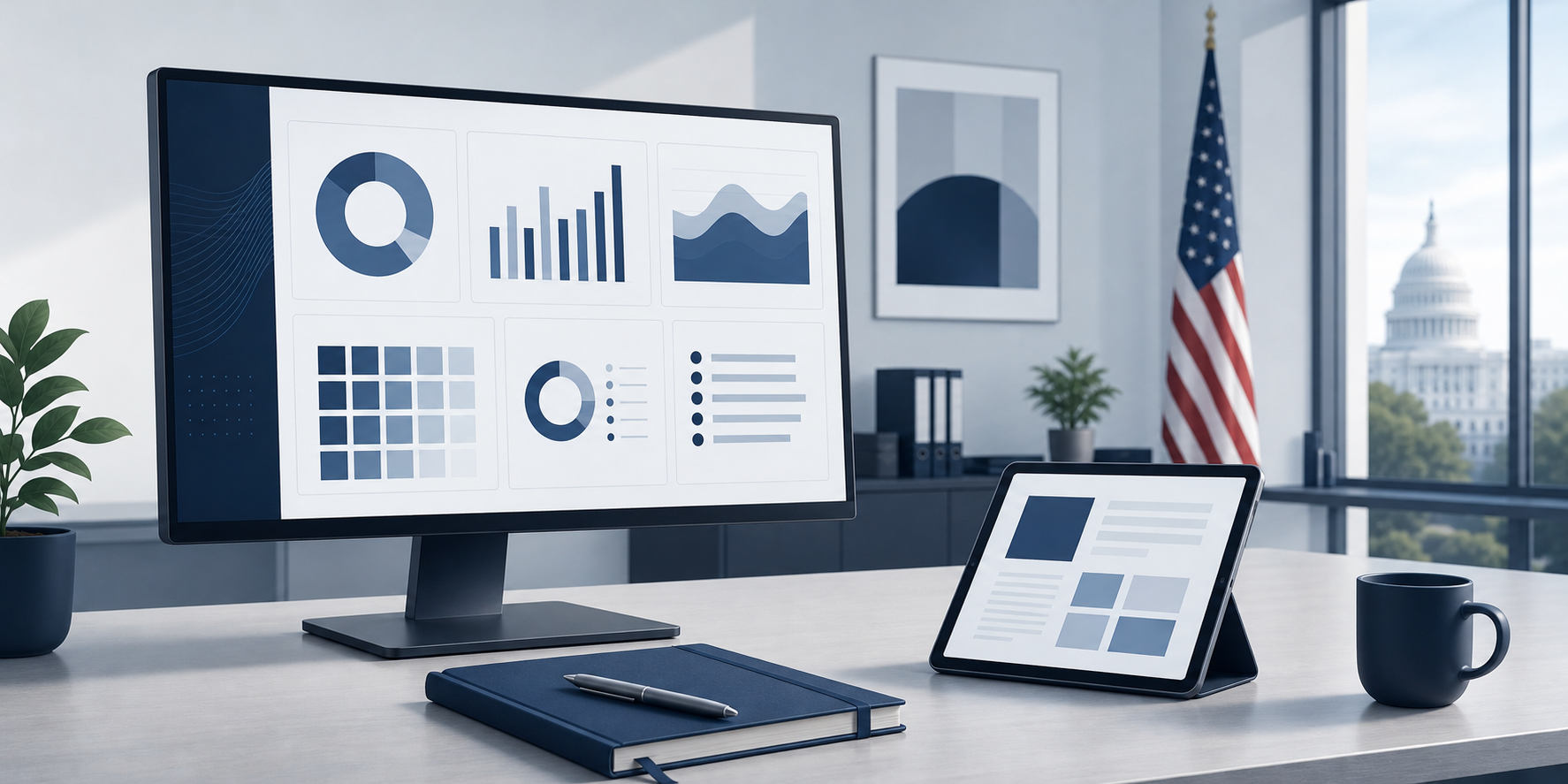 Illustration of a modern federal procurement workspace with a computer showing an abstract dashboard, notebook and tablet on a desk, in navy blue and gray tones