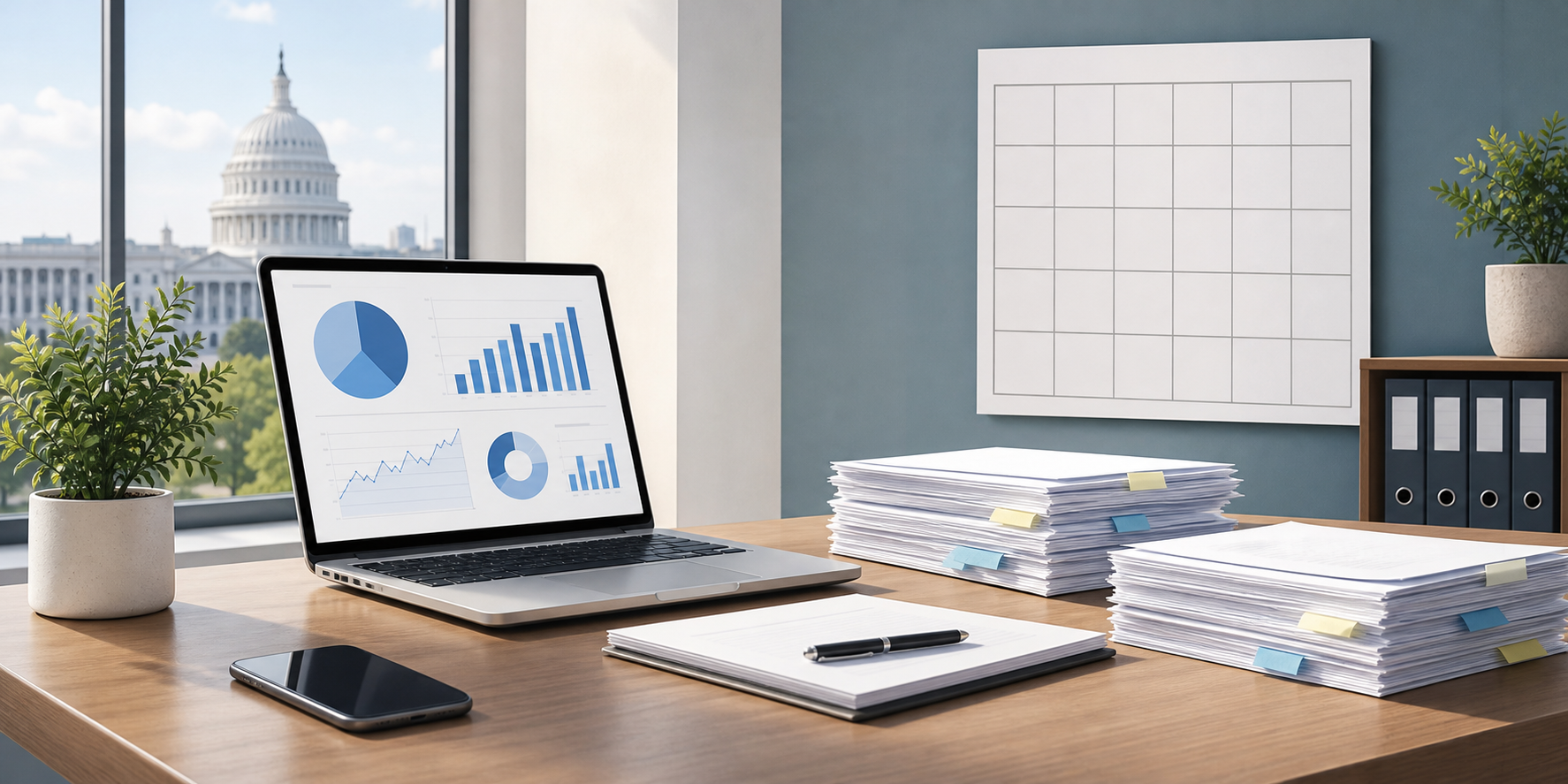 Illustration of a modern government procurement office workspace with a laptop showing abstract charts, neat document stacks with sticky notes, a smartphone, a wall calendar, and a potted plant beside a sunlit window