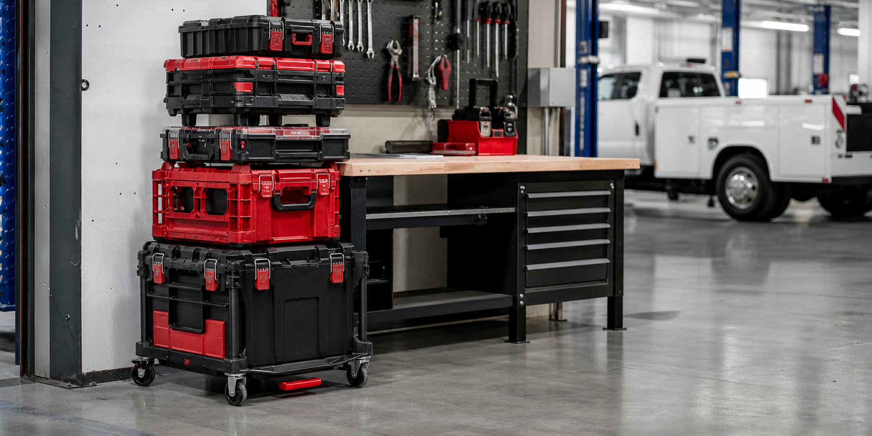 Milwaukee PACKOUT modular tool storage system with rolling tool boxes and organizers in a facility and fleet maintenance workshop