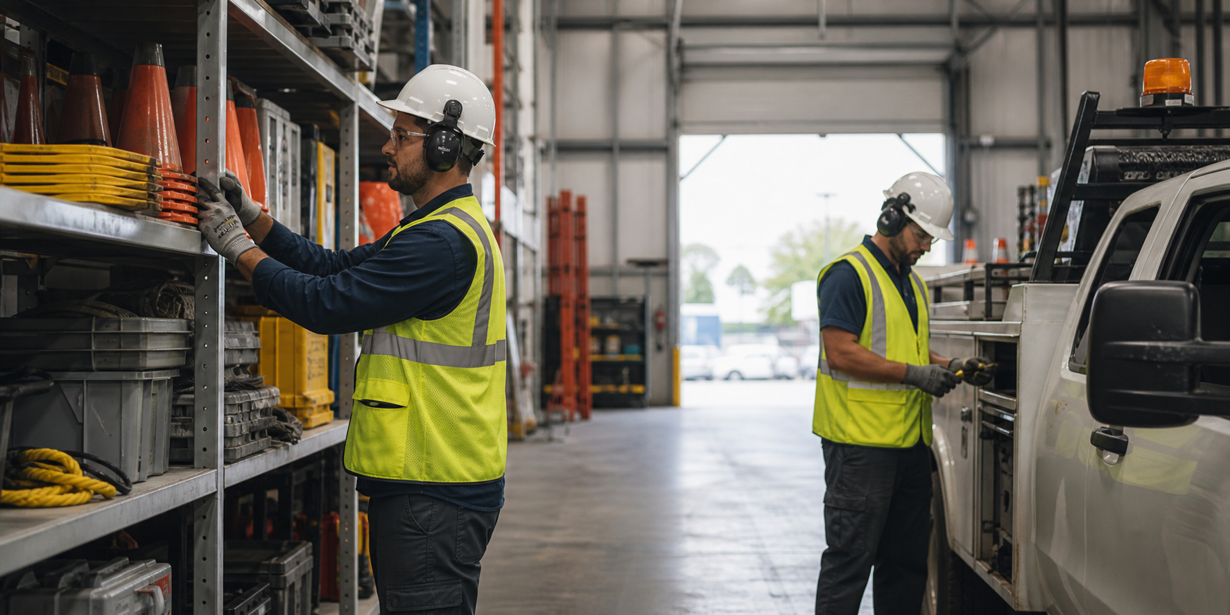 Two facility workers wearing hard hats, high-visibility vests, and personal protective equipment organizing safety supplies on warehouse shelves beside a service vehicle