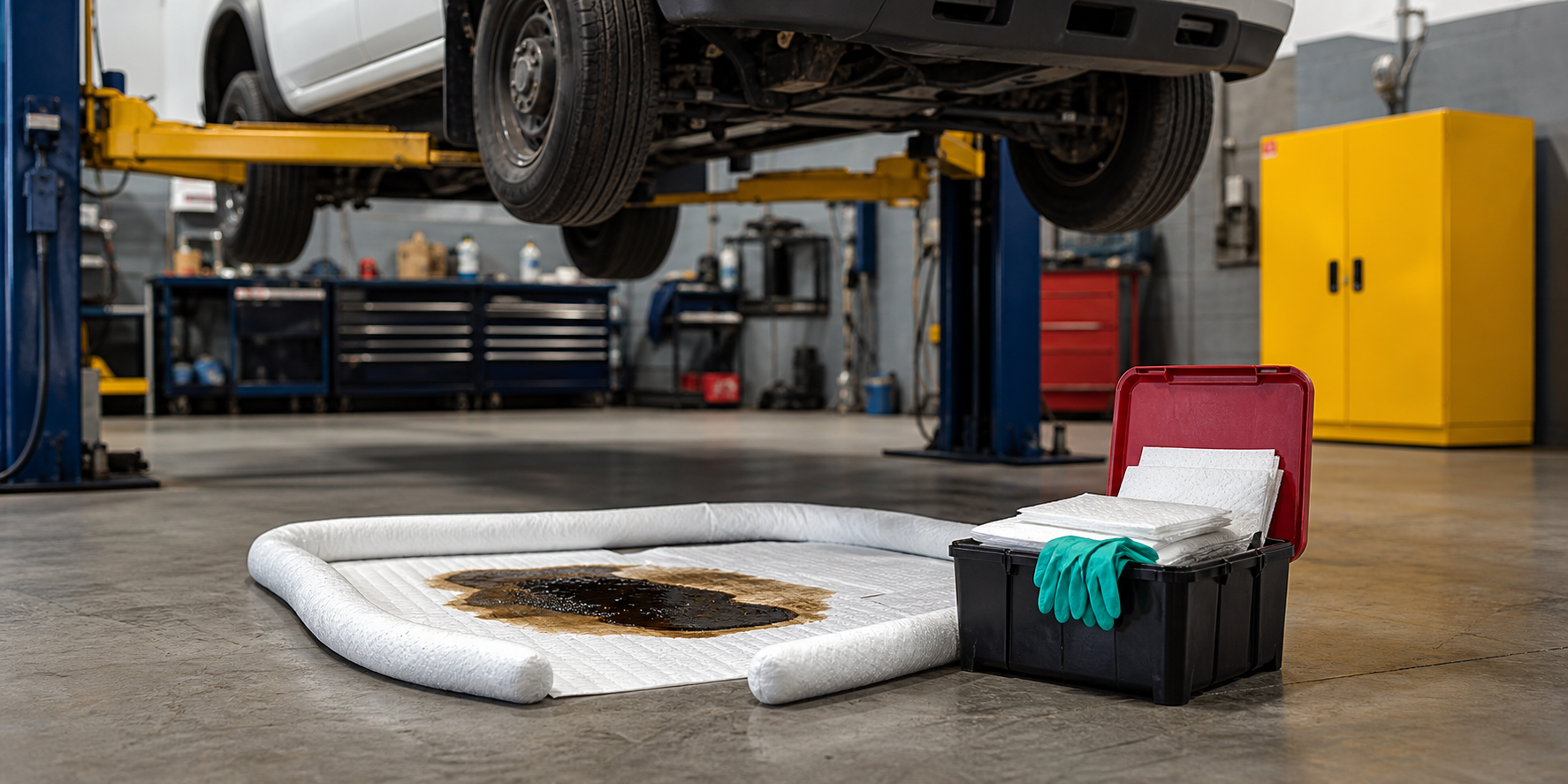 Spill-control setup in a fleet maintenance shop: absorbent pads and a containment sock placed around an oil spill beneath a vehicle raised on a lift, with an open spill-response kit and a yellow flammable-liquid storage cabinet in the background.