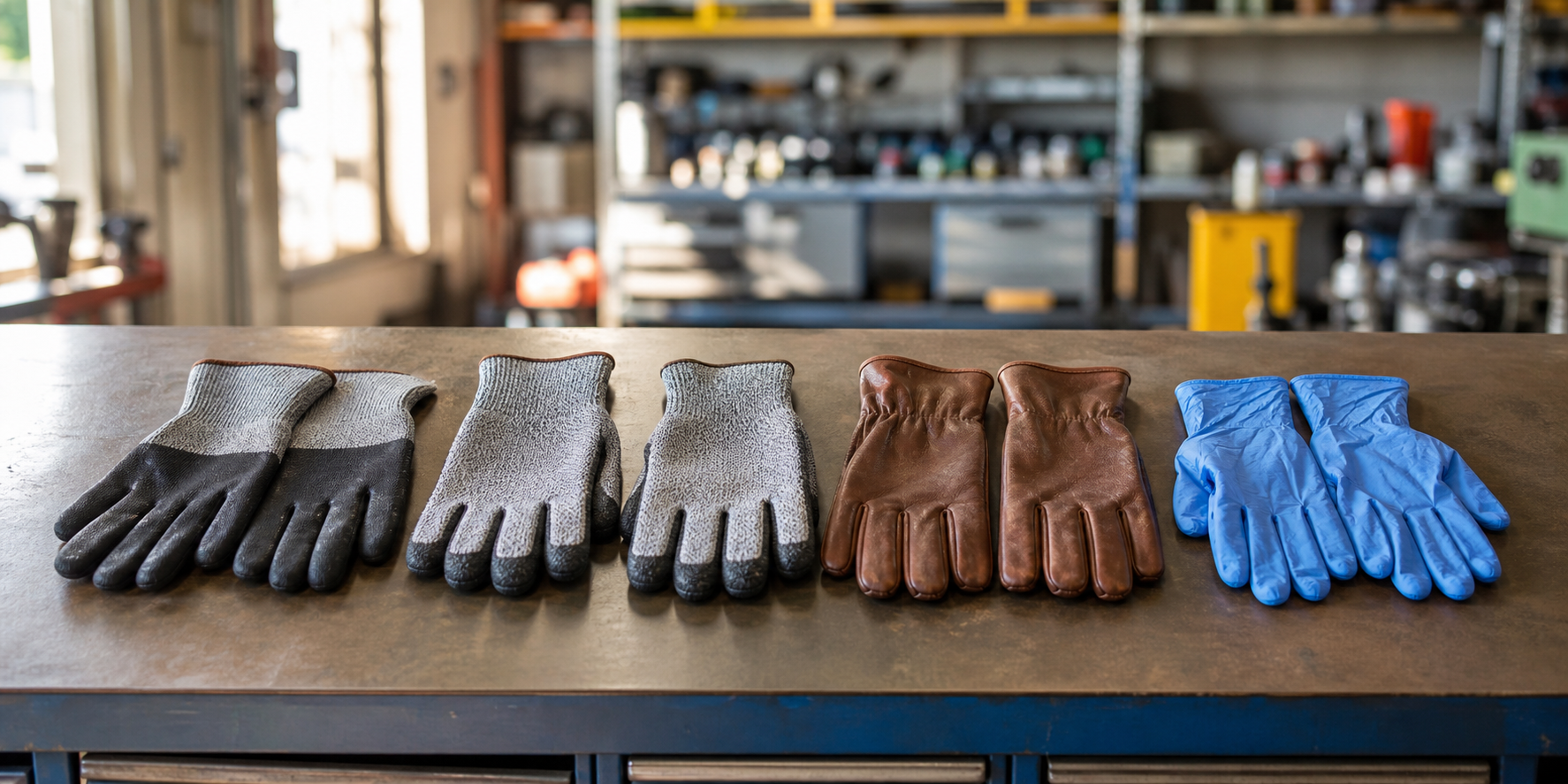 A row of work gloves laid out on a workbench in a facility maintenance workshop: cut-resistant knit gloves with coated palms, brown leather work gloves, and blue nitrile gloves