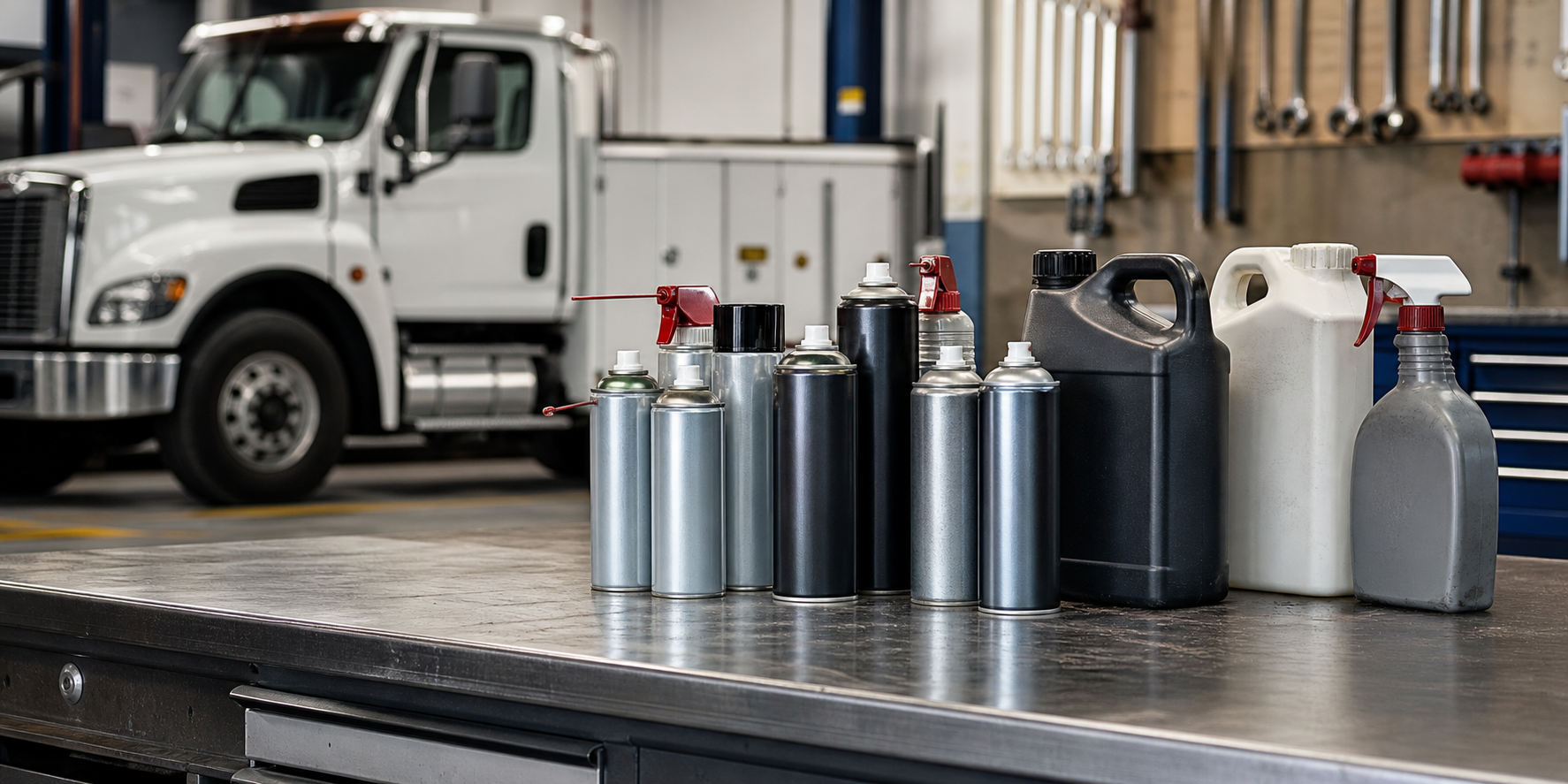 Unlabeled lubricant cans and shop chemical containers on a fleet maintenance workbench with a service truck in the background
