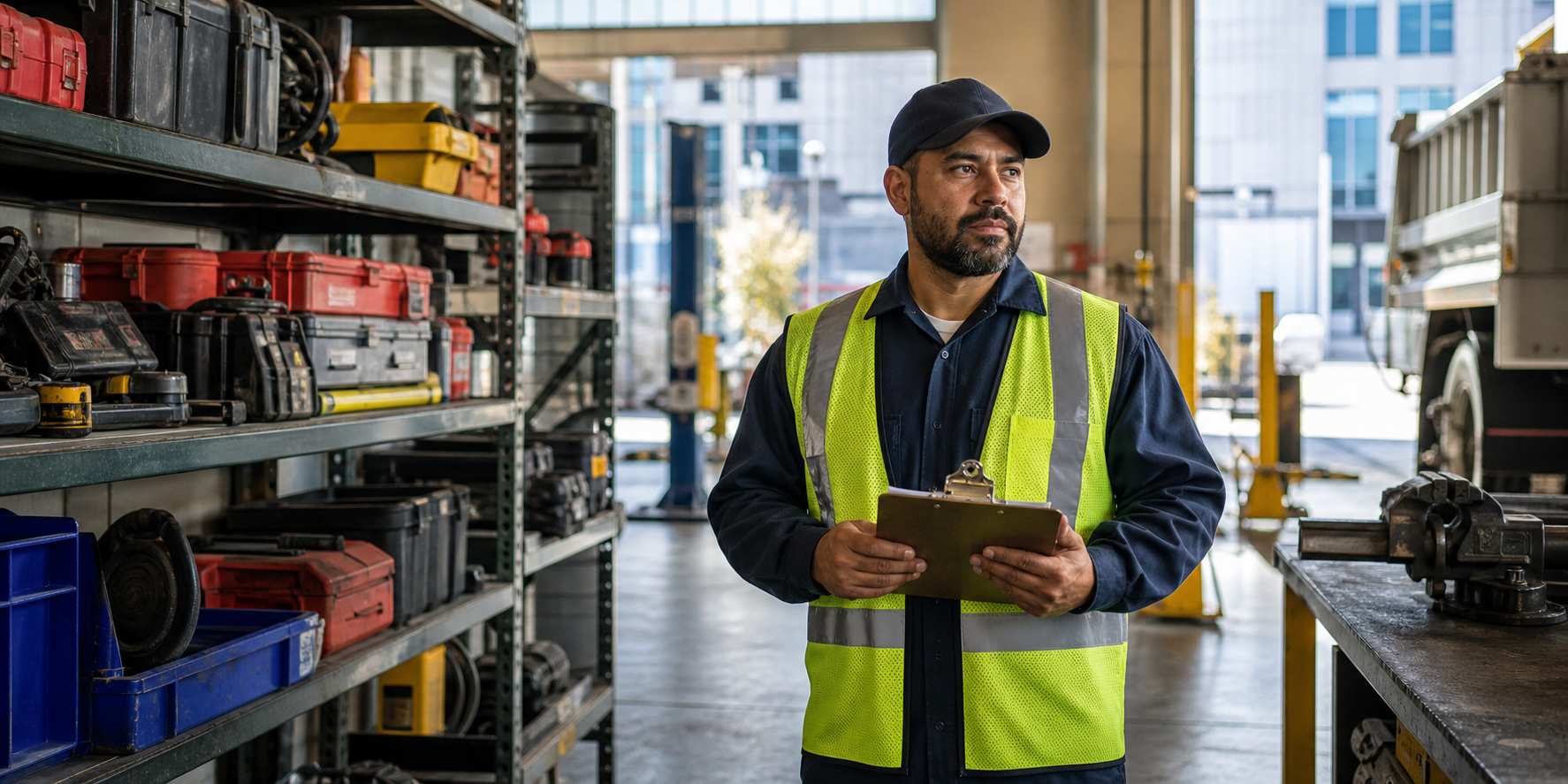 Municipal maintenance worker in a safety vest holding a clipboard in a workshop with organized shelves of power tools and fleet maintenance supplies