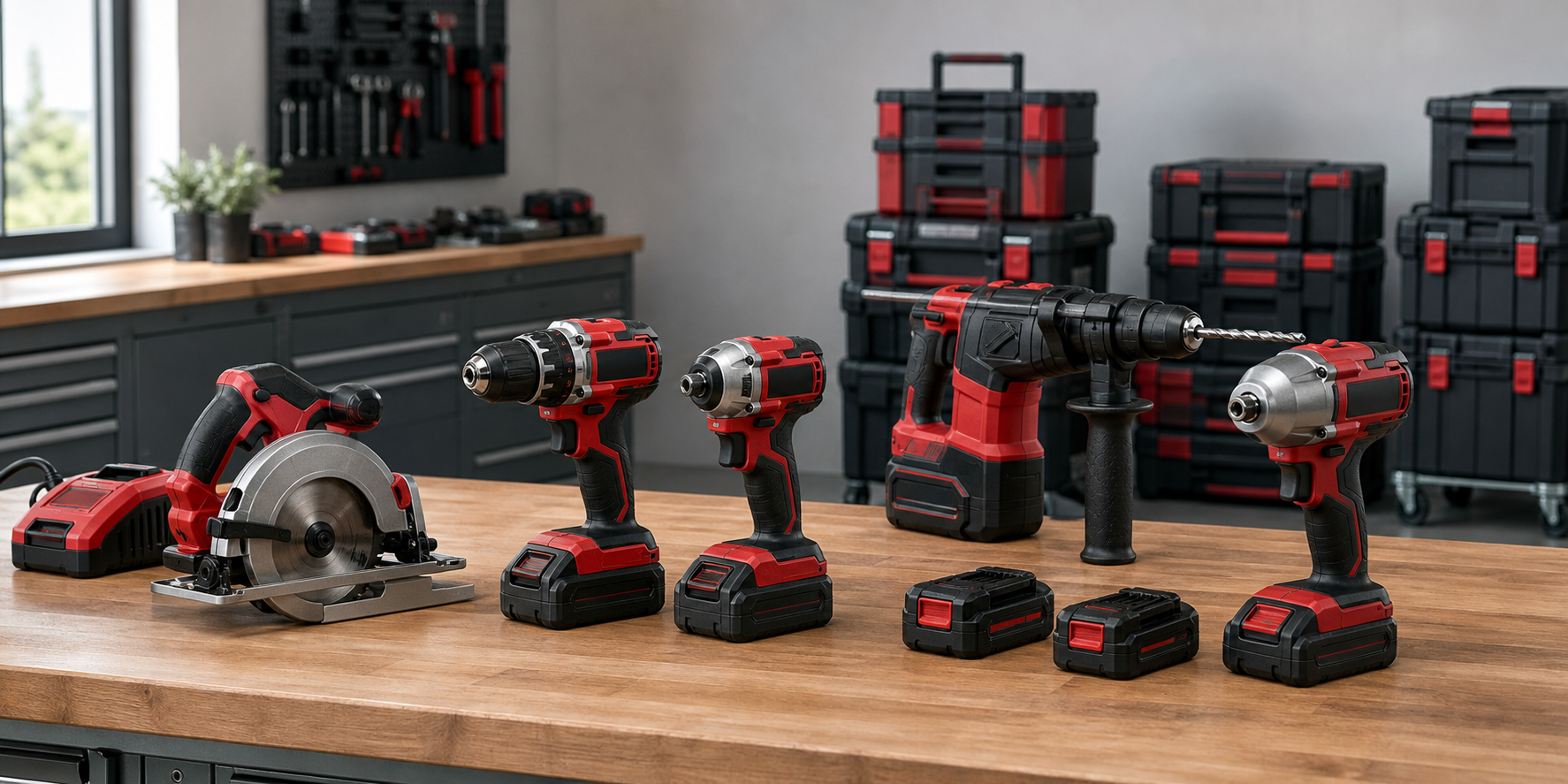 Milwaukee cordless power tools, batteries and PACKOUT modular storage on a workshop workbench for agency and facility crews