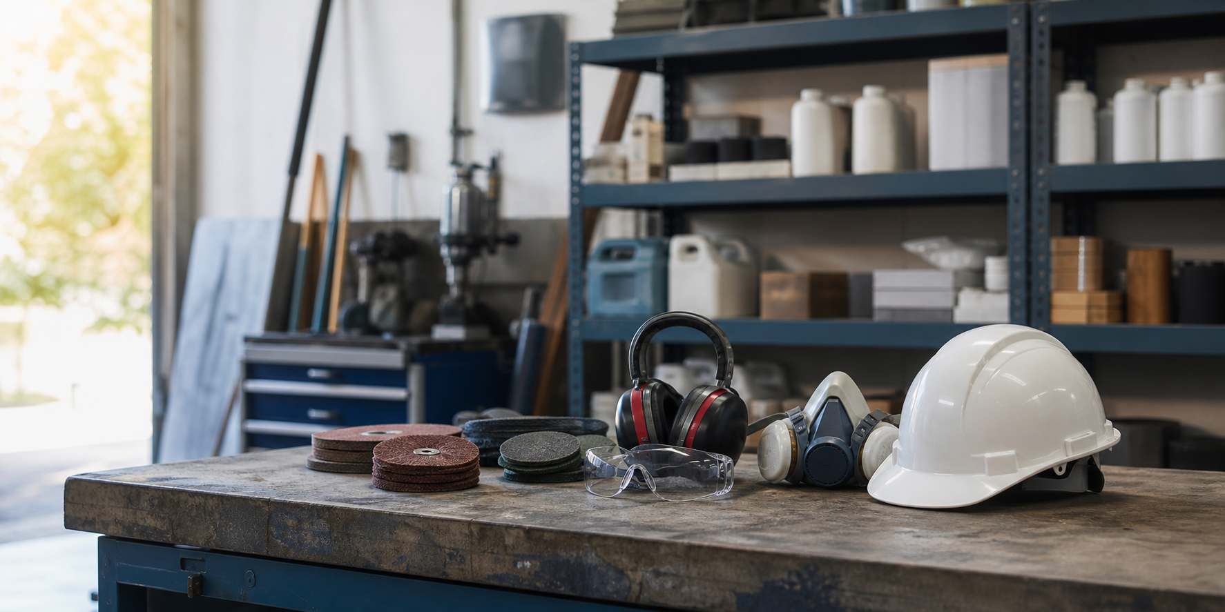 Facility maintenance workshop workbench with a hard hat, safety glasses, hearing protection, a respirator and abrasive sanding discs, with shelves of unbranded facility supplies in the background
