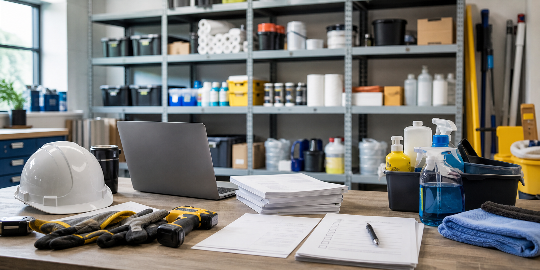 A federal buyer's organized workspace in a bright supply room: a desk with a laptop, procurement documents and a checklist, a white hard hat, safety gloves, power tools and cleaning supplies, with shelves of facility supplies in the background.