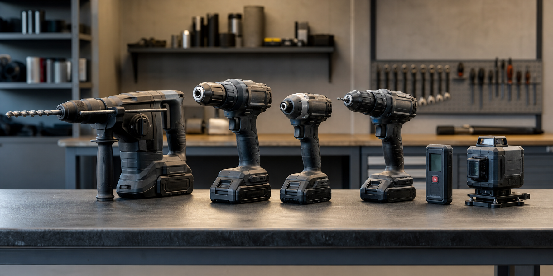 Cordless power tools, including drills and a rotary hammer, and measuring instruments arranged on a workbench in a professional maintenance workshop