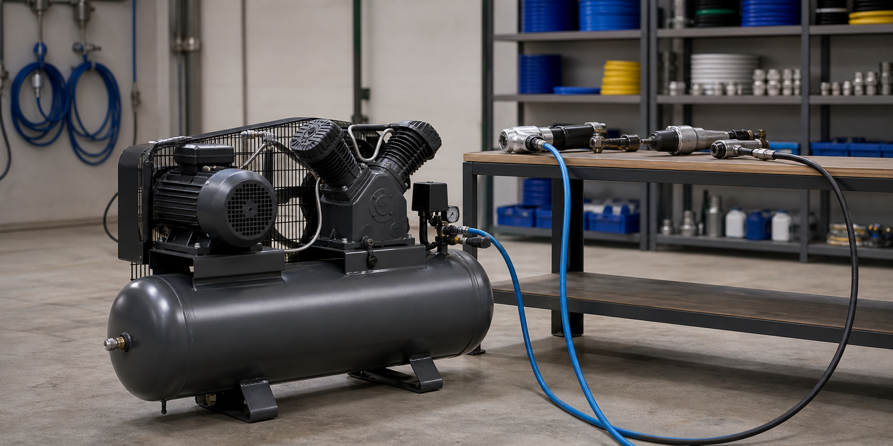 Industrial air compressor with a horizontal tank in a clean vehicle maintenance shop, with air hoses, a workbench and shelving in the background.