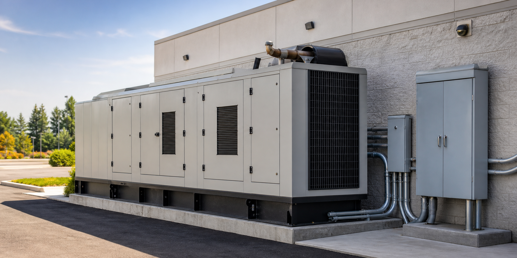 Large industrial standby backup generator installed outdoors beside a municipal facility building, with an electrical transfer switch cabinet and conduit