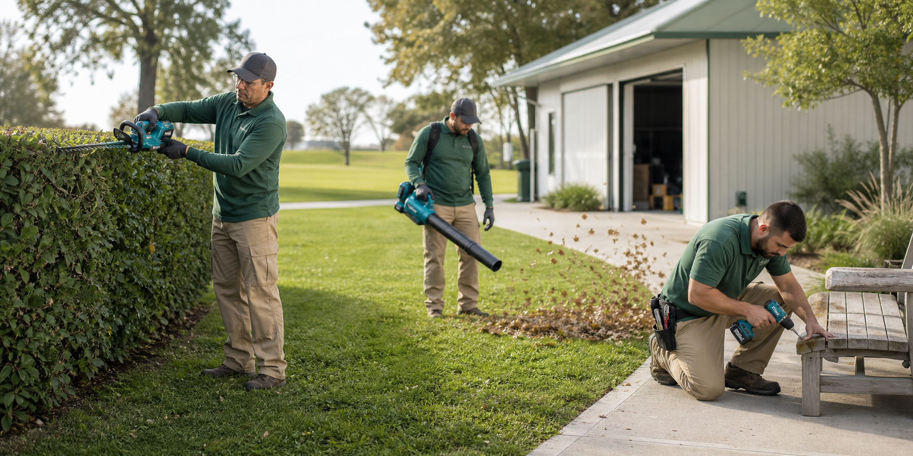 Grounds and facility crew members using cordless power tools outdoors, trimming a hedge, clearing leaves with a blower, and repairing a bench beside a maintenance building