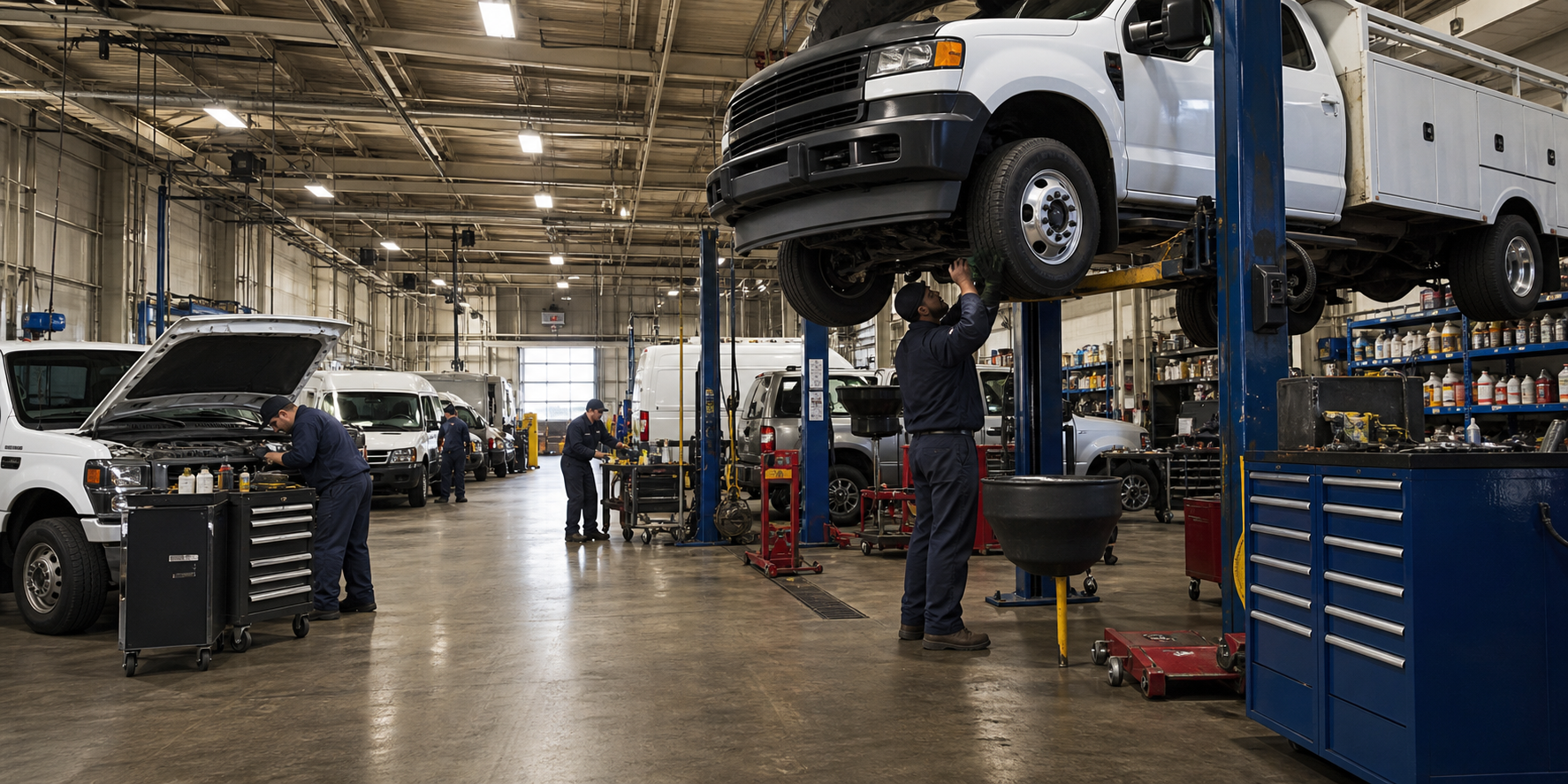 Technician working beneath a fleet vehicle raised on a hydraulic lift inside a New York City municipal fleet maintenance garage with service bays, tool cabinets, and fleet trucks.