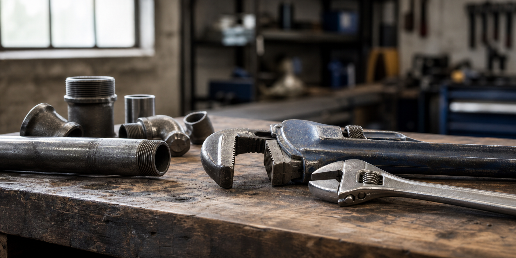 Pipe wrench and adjustable wrench lying side by side on a wooden maintenance workbench with steel pipe fittings