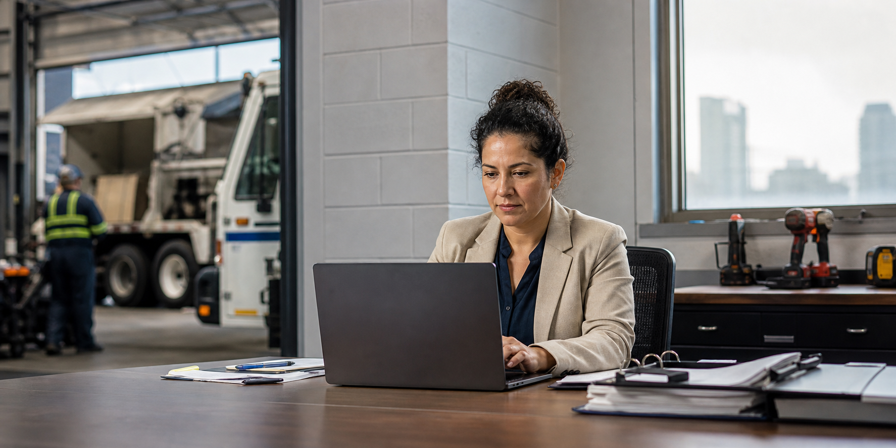 NYC agency procurement professional verifying a requirements contract catalog on a laptop in a municipal office, with a city fleet maintenance garage in the background