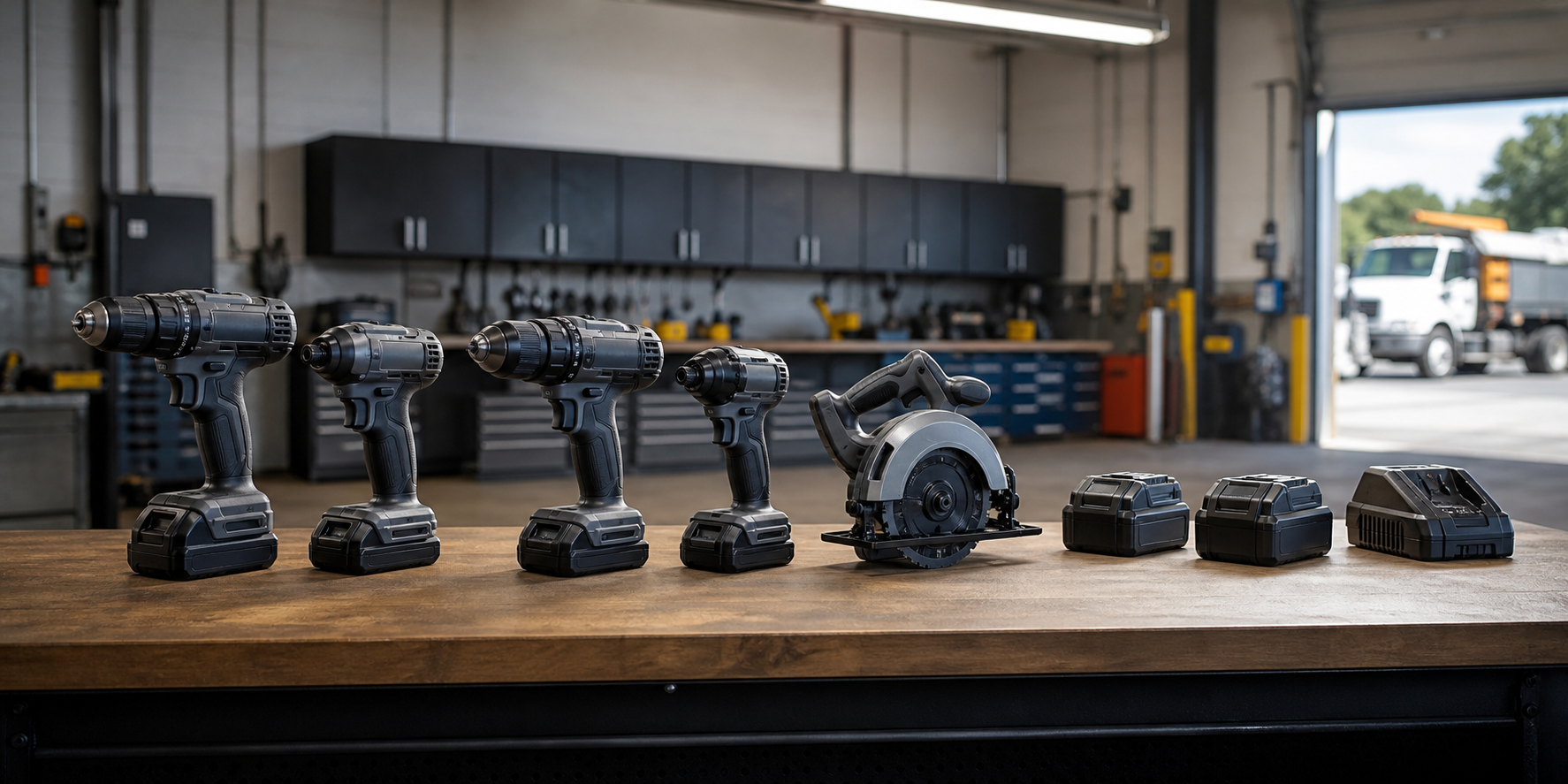 Professional cordless power-tool lineup with drills, impact drivers, batteries and chargers arranged on a workbench in a fleet maintenance shop