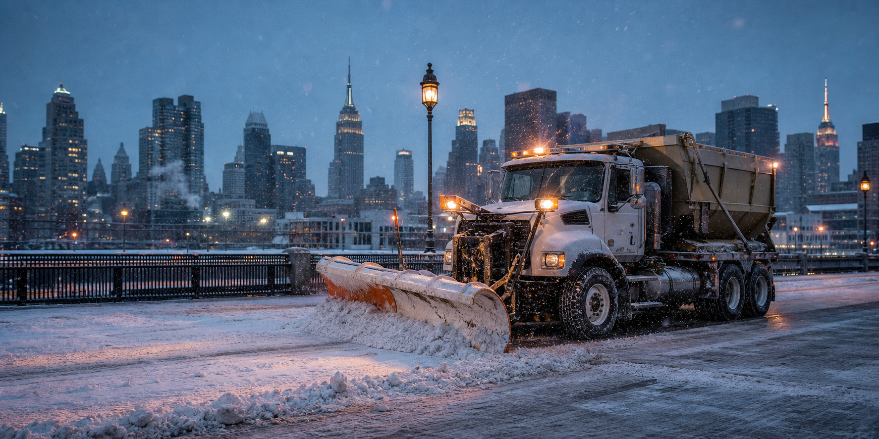 Municipal snowplow clearing a snow-covered New York City street at dawn