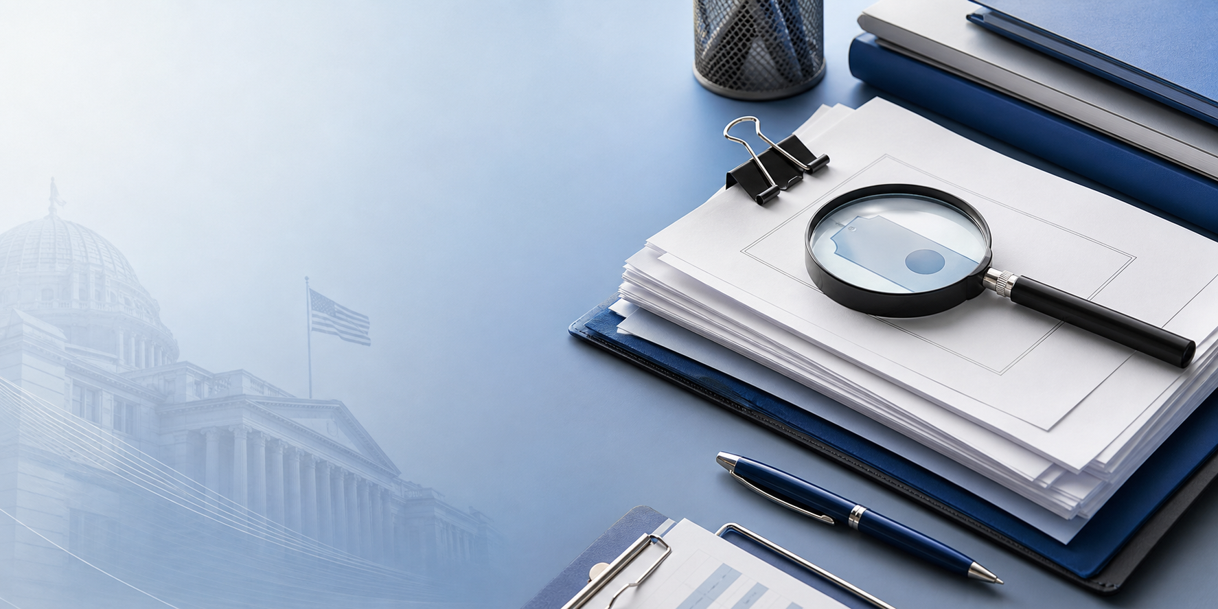 Abstract illustration of federal contracting paperwork with a magnifying glass over a product label, representing country-of-origin verification for TAA compliance
