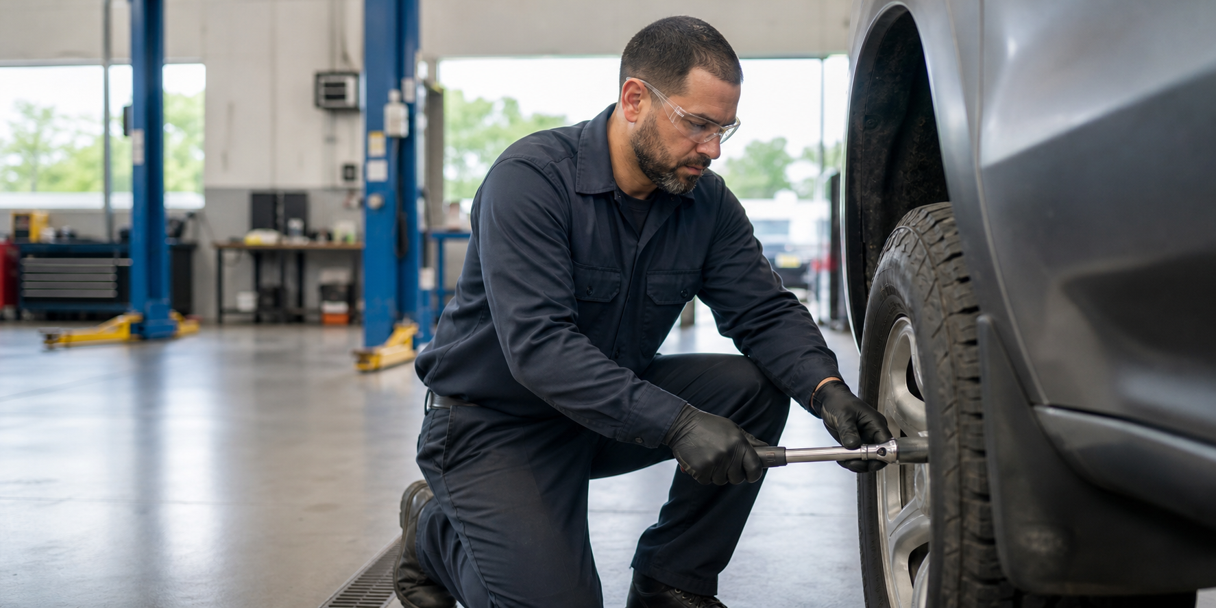Fleet maintenance technician using a torque wrench on a vehicle wheel in a government maintenance shop