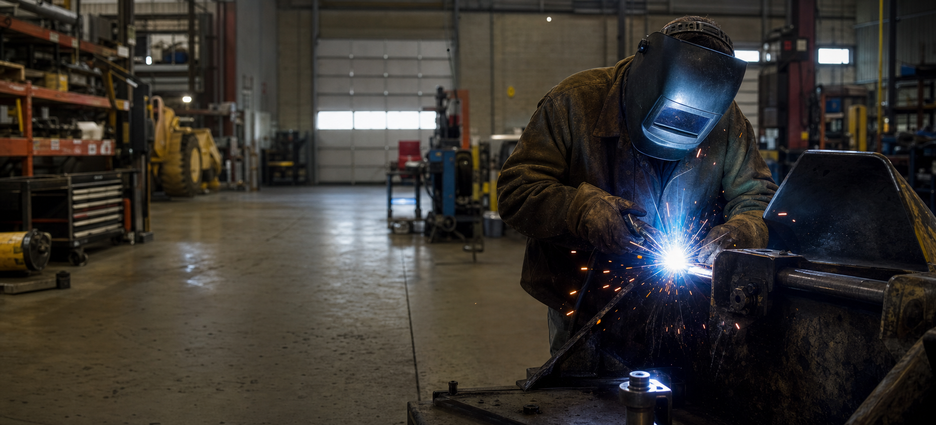 Welder in protective gear welding in a public works maintenance shop