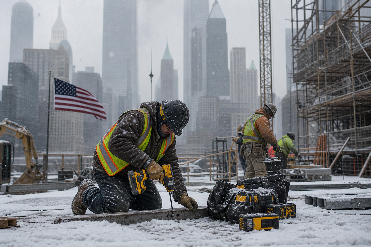 Snowy New York City jobsite with workers using yellow and black cordless power tools and battery packs