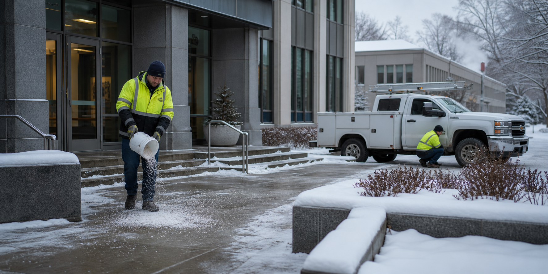 Winter maintenance crew at a government office