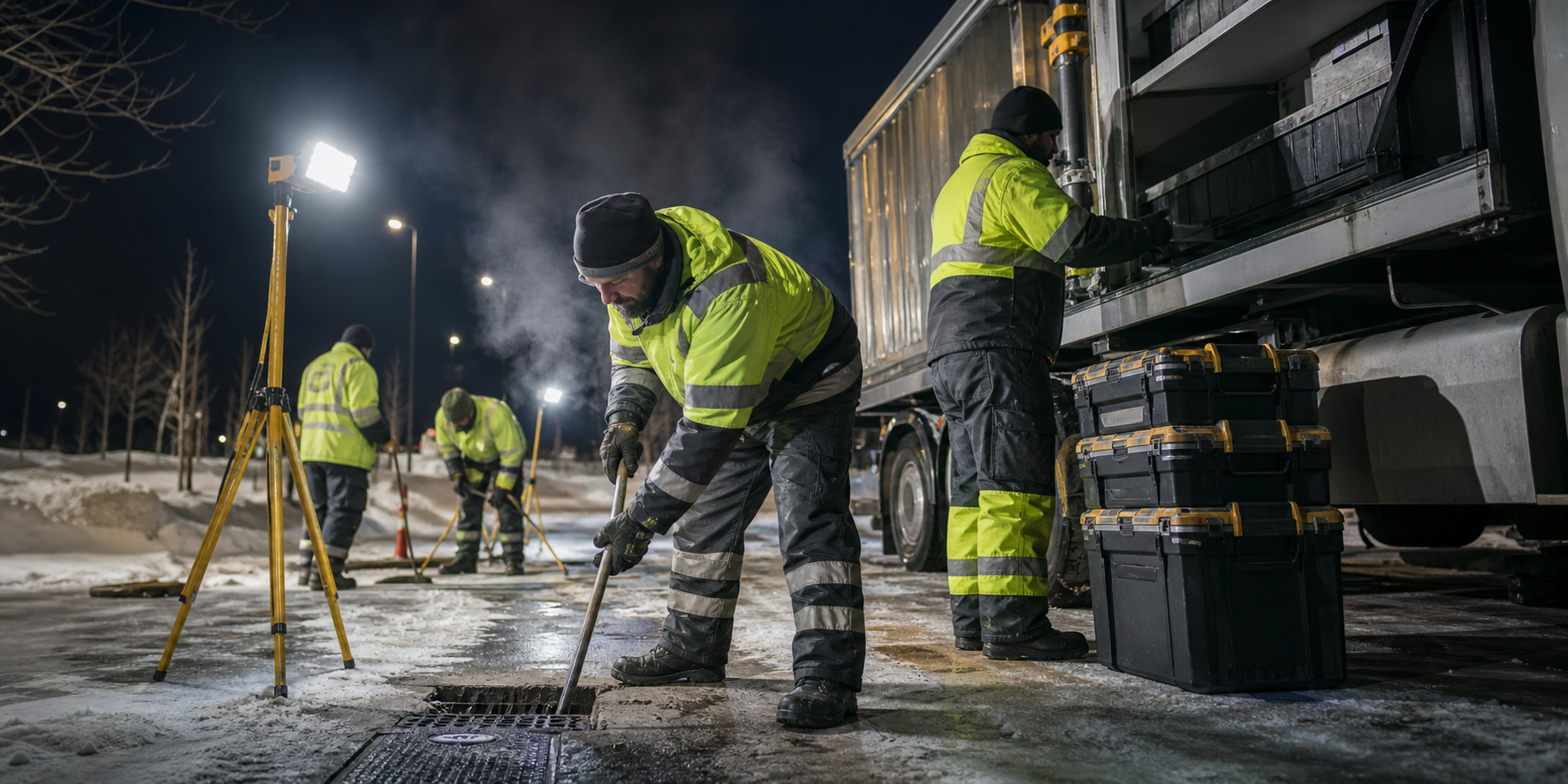 Crew using portable work lighting and modular tool storage at night in cold weather
