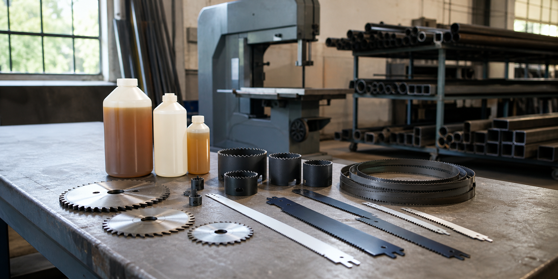 Fabrication and maintenance workshop with saw blades, a coiled bandsaw blade, hole saws and cutting fluid bottles arranged on a workbench