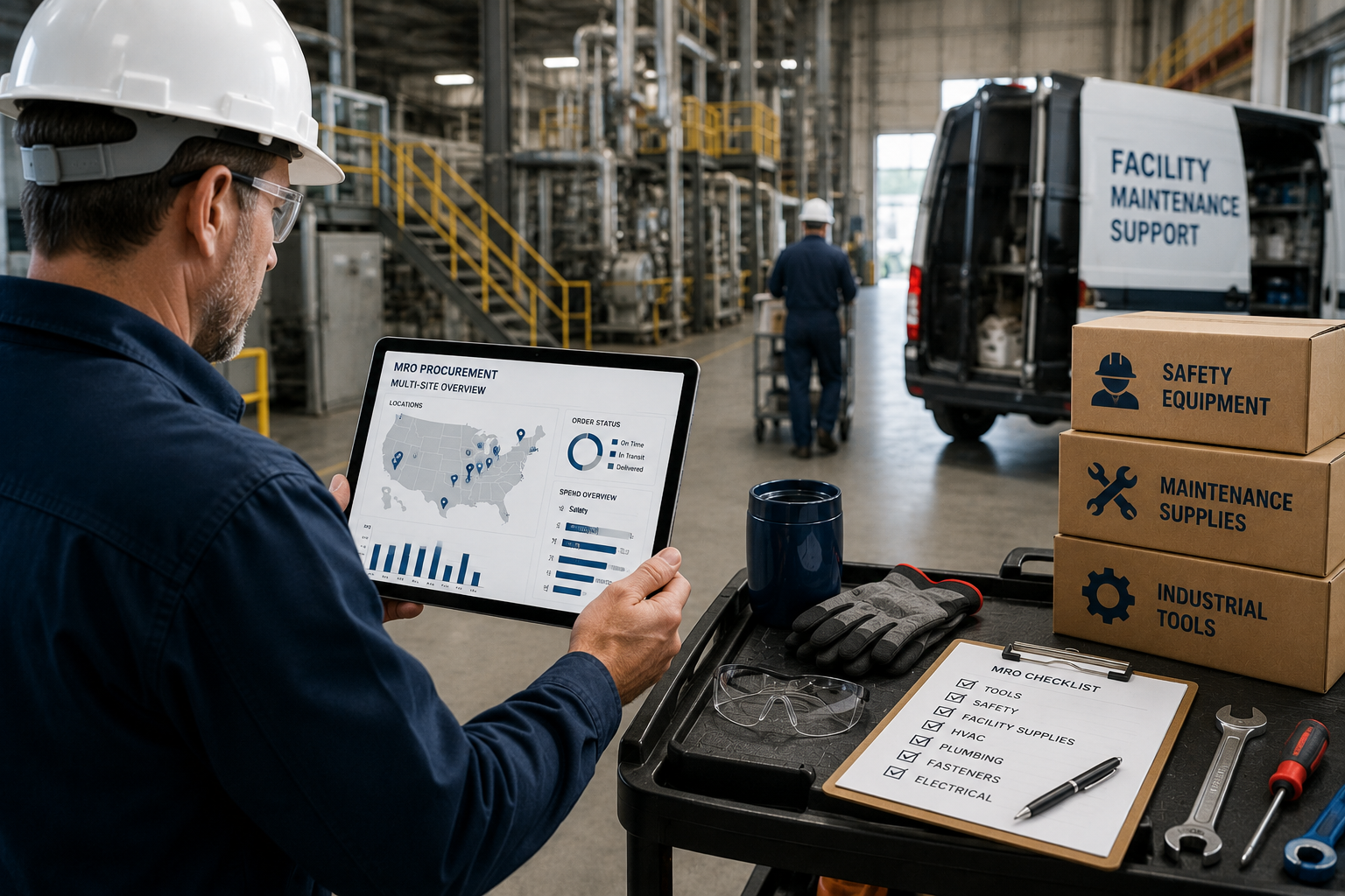 Maintenance technician using a tablet to manage MRO supplies procurement across multiple facilities inside an industrial plant, highlighting multi-site purchasing, inventory management, logistics, and government procurement efficiency