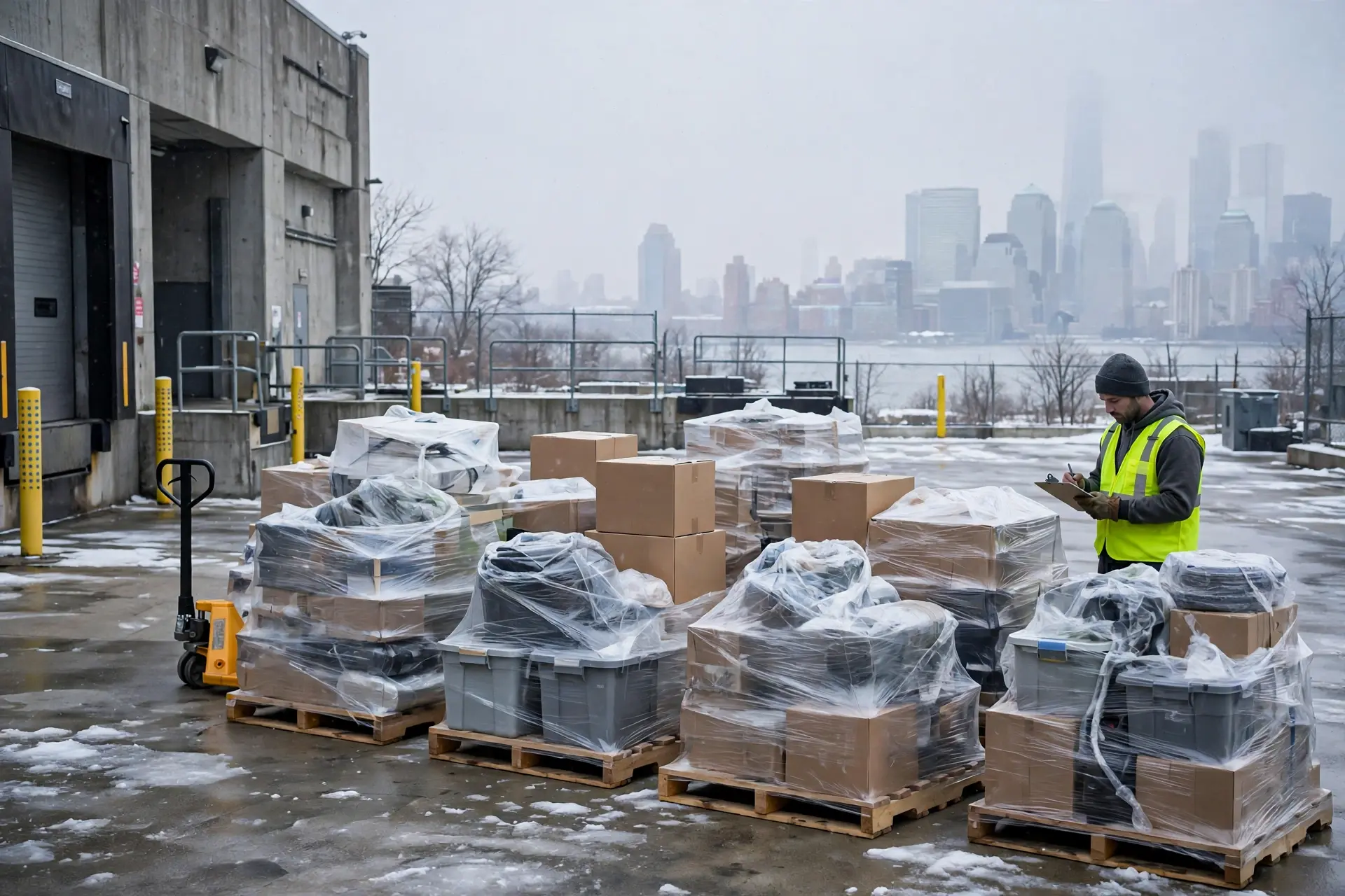 NYC municipal warehouse loading dock with palletized contract supplies