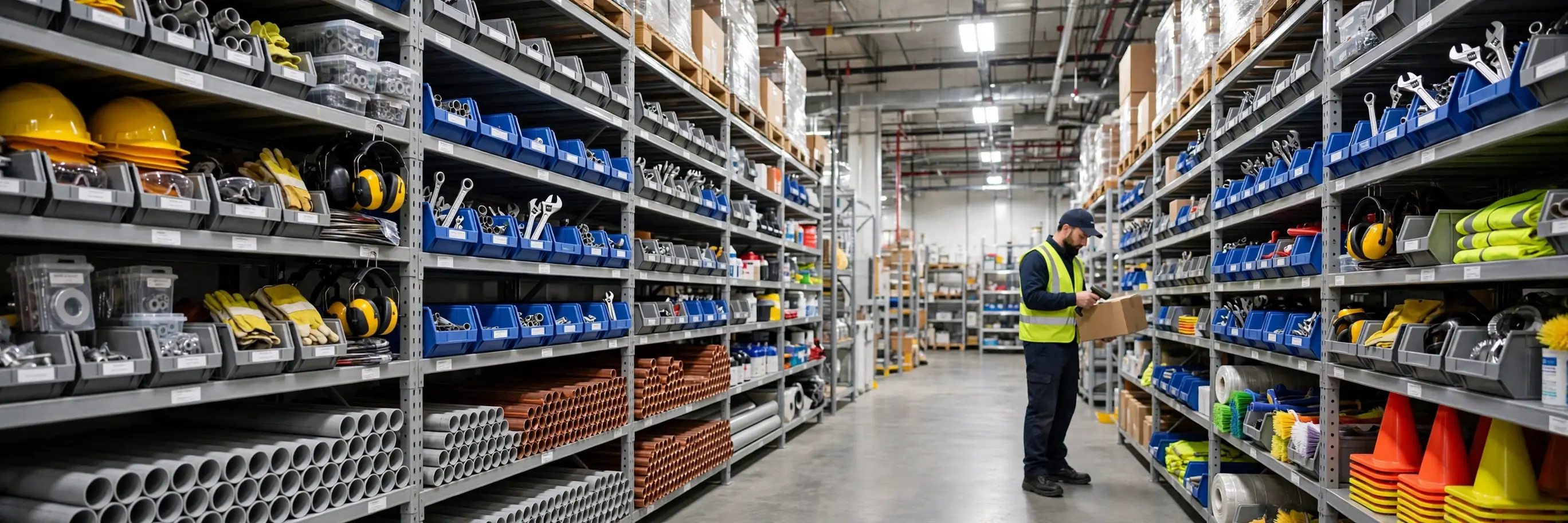 Federal supply warehouse aisle stocked with MRO and facility supplies
