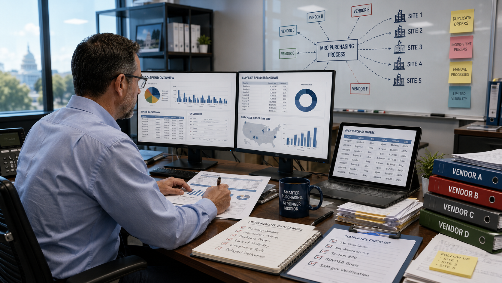 Government procurement manager analyzing MRO purchasing data across multiple vendors in a modern office, using procurement dashboards, supplier reports, and compliance analytics to improve spend visibility and reduce fragmented federal MRO purchasing.